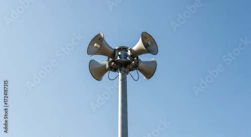 Tsunami siren system against clear blue sky. Tsunami siren provides emergency warning and safety to coastal regions and populations. System tsunami siren ensures readiness for natural disasters.