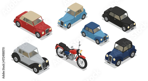Isometric vintage vehicles collection featuring classic cars and motorcycle