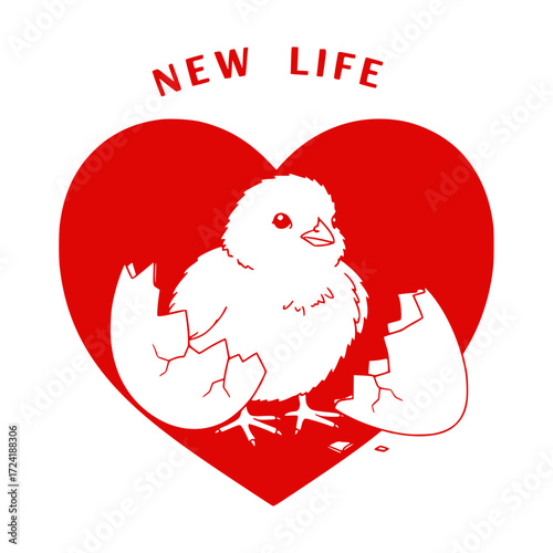 Chick breaking out of an egg in a red heart with new life theme, Easter, isolated vector image on a transparent background, design for a card, T-shirts