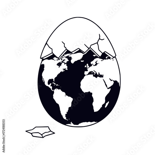 Cracked egg revealing the world inside, Easter, isolated vector image on a transparent background, design for a card, T-shirts