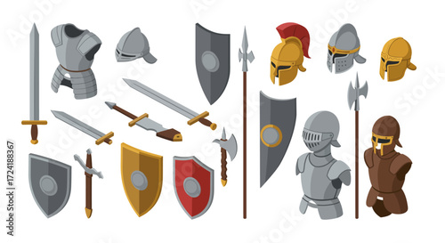 Medieval armor and weapons collection with swords, shields, and helmets in is…