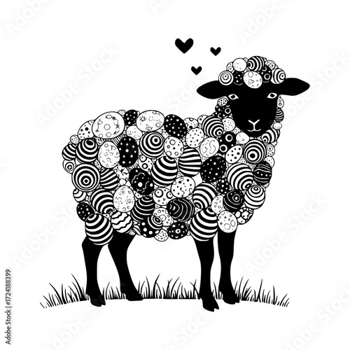 Sheep with wool made of Easter eggs, Easter, isolated vector image on a transparent background, design for a card, T-shirts