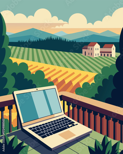 A vintage laptop resting on a balcony of a French chateau with a manicured garden and vineyards stretching into the horizon.. Vector illustration