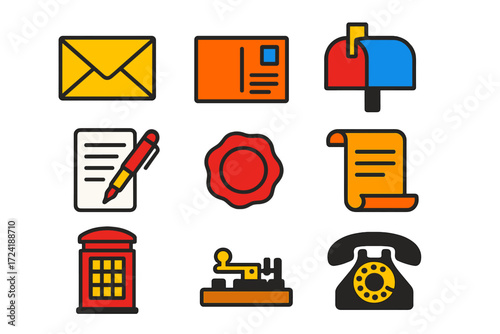 Traditional Communication Icons. Flat vector icons of traditional communication: envelope, postcard, mailbox, pen letter, wax seal