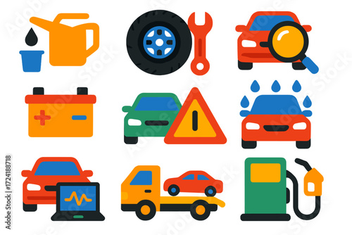 Automotive Service Icons. Flat vector icons of healthcare services: online consultation, prescription delivery, medical insurance,