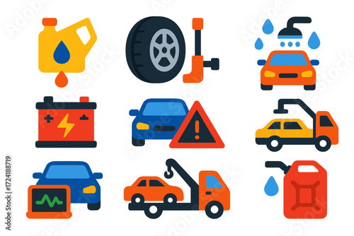 Automotive Service Icons. Flat vector icons of automotive services: oil change, tire replacement, car inspection, battery service,