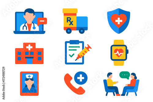 Healthcare Service Icons. Flat vector icons of healthcare services: online consultation, prescription delivery, medical insurance,