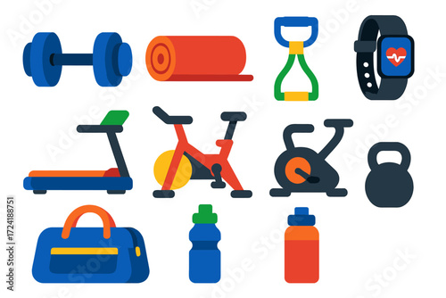 Fitness Equipment Icons. Flat vector icons of sports products: dumbbell, yoga mat, resistance band, treadmill, exercise bike,