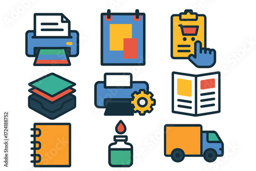 Modern Printing Icons. Flat vector icons of printing services: document print, poster print, print order, paper tray, printer