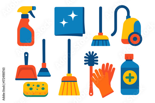 Colorful Cleaning Icons. Flat vector icons of cleaning products: spray bottle, cleaning cloth, vacuum cleaner, broom and dustpan,