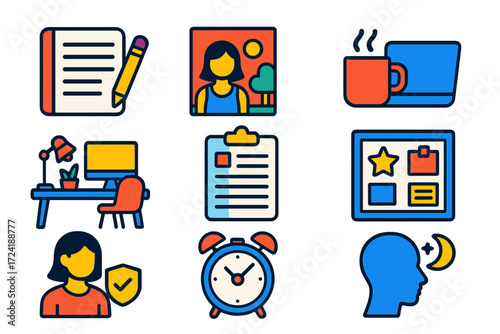 Flat Blogger Icons. Flat vector icons of personal blogging: journal post, lifestyle photo, coffee and laptop, home workspace,