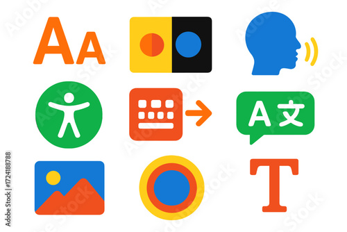 Accessibility Tool Icons. Flat vector icons of blog accessibility tools: text resize, high contrast mode, screen reader icon,