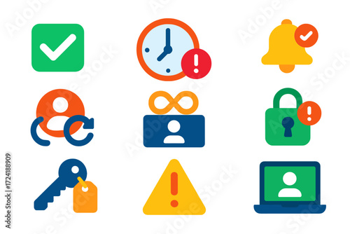 Login Feature Icons. Flat vector icons of login reminder features: remember me checkbox, session timeout icon, login notification