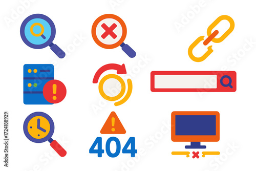 Search Failure Icons. Flat vector icons of search failure states: no results icon, search error, broken link, server not found,
