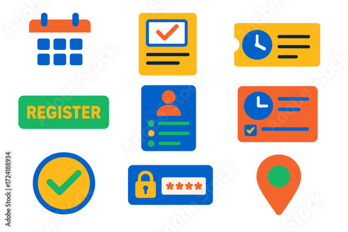Event Registration Icons. Flat vector icons of event registration: calendar icon, RSVP form, ticket booking, register for event
