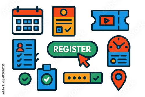 Event Registration Icons. Flat vector icons of event registration: calendar icon, RSVP form, ticket booking, register for event