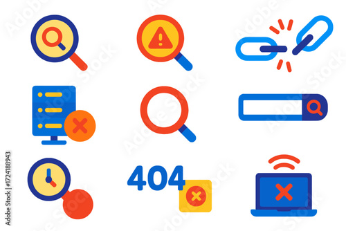 Search Failure Icons. Flat vector icons of search failure states: no results icon, search error, broken link, server not found,