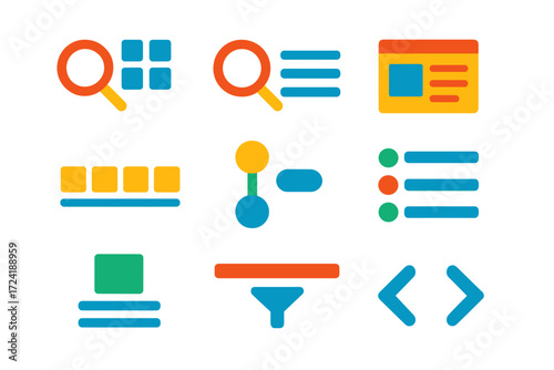 Modern Search Icons. Flat vector icons of search results layout: grid view, list view, expanded preview, thumbnail row, condensed