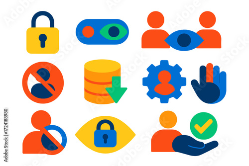 Privacy Settings Icons. Flat vector icons of profile privacy settings: lock icon, hide info toggle, visibility settings, block