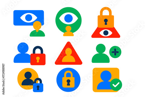 Secure Access Icons. Flat vector icons of profile access tools: login to view icon, guest view icon, limited access lock, private