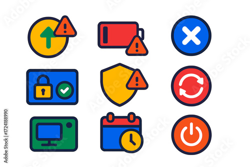 Modern Alert Icons. Flat vector icons of system notifications: update available alert, low battery warning, system error icon,