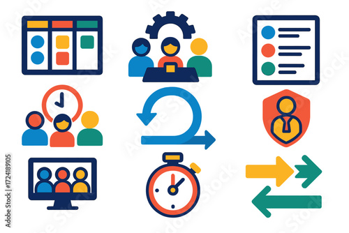 Agile Icons Set. Flat vector icons of agile and sprint teams: scrum board icon, sprint planning icon, backlog list icon, daily
