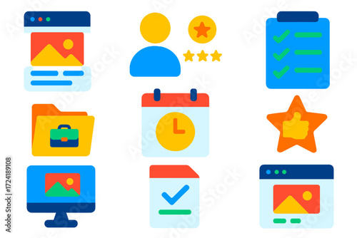 Freelance Portfolio Icons. Flat vector icons of freelancer portfolios: gig portfolio screen, profile with rating icon, task