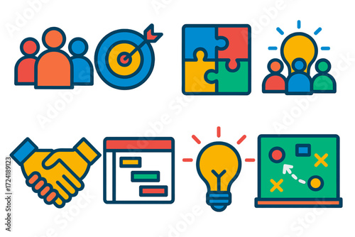 Teamwork Icon Set. Flat vector icons of team collaboration: group of three people, shared goal target, puzzle piece teamwork,