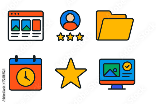 Freelance Portfolio Icons. Flat vector icons of freelancer portfolios: gig portfolio screen, profile with rating icon, task