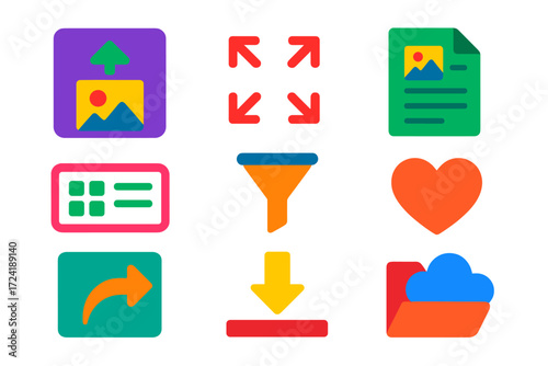 Bold Gallery Icons. Flat vector icons of digital gallery features: gallery upload button, drag to arrange icon, image metadata