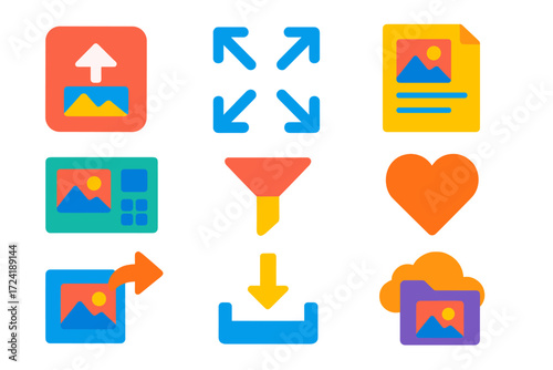 Bold Gallery Icons. Flat vector icons of digital gallery features: gallery upload button, drag to arrange icon, image metadata