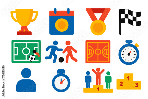 Sports Icon Set. Flat vector icons of sports and competition events: trophy with ribbon, sports calendar, medal icon, soccer match