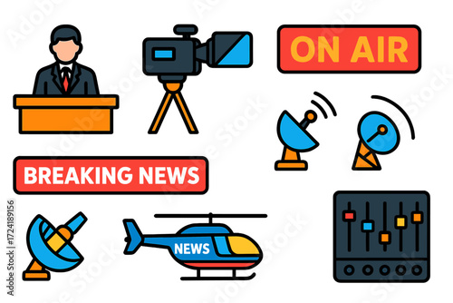 News Broadcast Icons. Flat vector icons of broadcast news elements: news anchor at desk, TV news screen, studio camera icon,