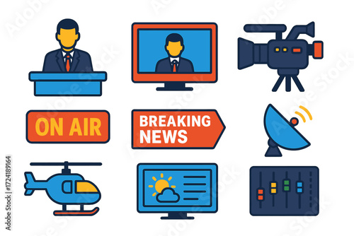 News Broadcast Icons. Flat vector icons of broadcast news elements: news anchor at desk, TV news screen, studio camera icon,