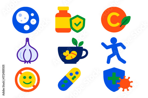Immune Health Icons. Flat vector icons of immune health: white blood cells, immunity booster, vitamin C, garlic bulb, ginger tea,
