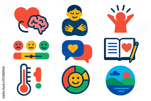 Emotional Health Icons. Flat vector icons of emotional health: heart and brain connection, self-compassion icon, stress release,