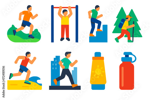 Outdoor Fitness Icons. Flat vector icons of outdoor fitness: trail running, park workout, stairs climbing, beach sprint, urban
