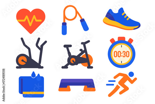 Cardio Workout Icons. Flat vector icons of cardio training: heart pulse icon, jump rope, running shoes, elliptical machine,