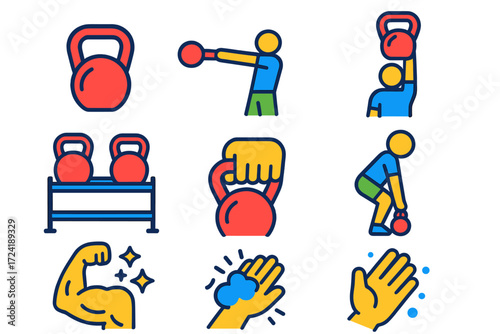 Kettlebell Training Icons. Flat vector icons of kettlebell training: kettlebell icon, swing motion, overhead press, kettlebell