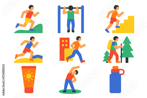 Outdoor Fitness Icons. Flat vector icons of outdoor fitness: trail running, park workout, stairs climbing, beach sprint, urban
