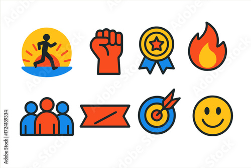 Fitness Motivation Icons. Flat vector icons of fitness motivation: sunrise run, power fist, achievement badge, daily streak flame,