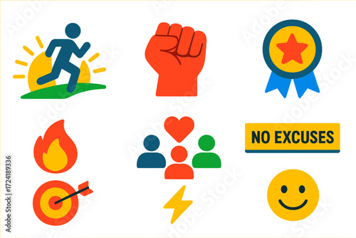 Fitness Motivation Icons. Flat vector icons of fitness motivation: sunrise run, power fist, achievement badge, daily streak flame,