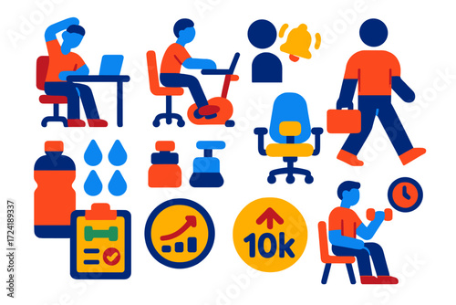 Modern Fitness Icons. Flat vector icons of fitness at work: desk stretches, under-desk bike, posture reminder, water tracker,