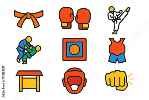 Martial Arts Icon Set. Flat vector icons of martial arts: karate belt, boxing gloves, taekwondo kick, judo throw, wrestling mat,