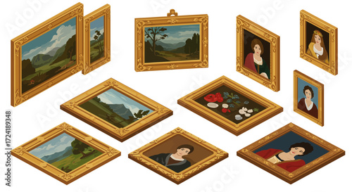 Classic art gallery frames with portraits and landscapes in isometric style