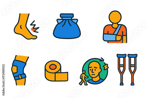 Sports Injury Icons. Flat vector icons of sports injuries: sprained ankle, ice pack, first aid kit, broken arm sling, knee brace,