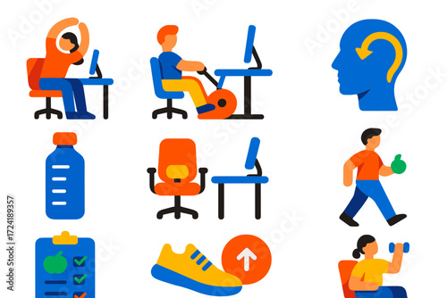 Modern Fitness Icons. Flat vector icons of fitness at work: desk stretches, under-desk bike, posture reminder, water tracker,