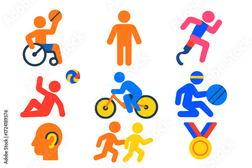 Adaptive Sports Icons. Flat vector icons of adaptive sports: wheelchair basketball, para-athlete icon, prosthetic runner, seated