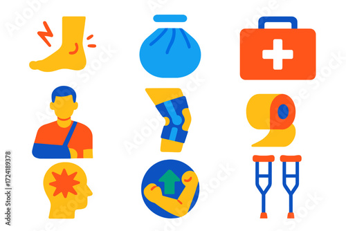Sports Injury Icons. Flat vector icons of sports injuries: sprained ankle, ice pack, first aid kit, broken arm sling, knee brace,