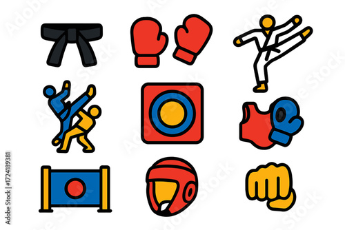 Martial Arts Icon Set. Flat vector icons of martial arts: karate belt, boxing gloves, taekwondo kick, judo throw, wrestling mat,